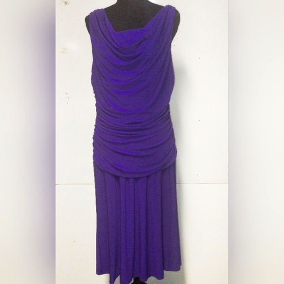 Nightway purple v check low back pull over ruched bodace stretchy dress S: 14W - Picture 1 of 5